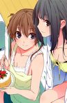  absurdres amakawa_chinatsu black_hair blue_eyes breasts brown_eyes brown_hair cake camisole cleavage collarbone food fork highres long_hair memories_off memories_off_yubikiri_no_kioku morii_shizuki multiple_girls nagumo_kasumi scan shorts small_breasts smile twintails 