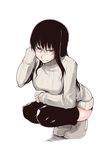  black_hair black_legwear breasts commentary_request glasses large_breasts long_hair natsuzuka-san_no_himitsu natsuzuka_(ryou) ribbed_sweater ryou simple_background sleeves_past_wrists smile solo squatting sweater thighhighs white_background 