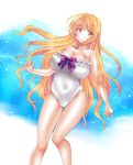  blonde_hair casual_one-piece_swimsuit fragran0live frills highres long_hair one-piece_swimsuit orange_eyes original solo swimsuit 