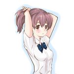  ababarion adjusting_hair blue_bow blush bow bowtie brown_eyes brown_hair koe_no_katachi long_hair looking_at_viewer nishimiya_shouko open_mouth ponytail ribbon school_uniform shirt simple_background solo sweatdrop tying_hair white_background white_shirt 