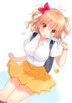  :p backpack bag black_legwear breasts dress_shirt food heart kneehighs large_breasts looking_at_viewer orange_eyes orange_hair original piyodera_mucha popsicle shirt short_sleeves simple_background skirt smile solo tongue tongue_out twintails two_side_up watch white_background wristwatch 