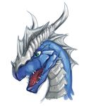  armor blue_scales dragon green_eyes helmet horn male open_mouth plain_background portrait rumiir scalie teeth tongue 