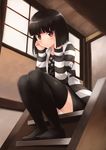  akemiho_tabi_nikki black_hair black_legwear blush fukube_tamaki hands_on_own_cheeks hands_on_own_face highres kouno_hikaru looking_at_viewer no_shoes panties pantyshot pantyshot_(sitting) red_eyes short_hair sitting sitting_on_stairs solo stairs thighhighs underwear white_panties 