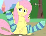  anus blue_eyes dialog english_text equine female feral fluttershy_(mlp) fluttersocks friendship_is_magic fur hair hooves mammal my_little_pony open_mouth outside pegasus pink_hair pussy sitting socks solo spread_legs spreading striped_socks text wings yellow_fur 