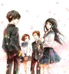  2girls acaco black_hair brown_hair chitanda_eru fukube_satoshi gakuran hyouka ibara_mayaka long_hair multiple_boys multiple_girls oreki_houtarou school_uniform serafuku short_hair 