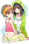  absurdres ass barefoot black_hair brown_eyes brown_hair butt_crack camisole flat_chest highres hood hoodie looking_at_viewer looking_back memories_off memories_off_yubikiri_no_kioku morii_shizuki multiple_girls nagumo_kasumi orihime_hoshitsuki pants_pull scan sitting smile socks wariza 