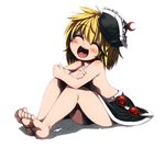  ^_^ barefoot blonde_hair blush closed_eyes commentary_request crescent feet full_body harusame_(unmei_no_ikasumi) hat lunasa_prismriver open_mouth short_hair simple_background sitting skirt smile solo topless touhou white_background younger 