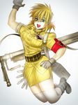  armband bad_id bad_pixiv_id blonde_hair blue_eyes blurry bullet depth_of_field fang gloves gun harkonnen_(gun) hellsing miniskirt monoheiya seras_victoria skirt solo thighhighs uniform weapon white_legwear 