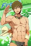  blush brown_hair bulge character_name circle_name copyright_name erection erection_under_clothes free! goggles goggles_around_neck green_eyes jacket jacket_removed male_focus male_swimwear mazjojo muscle navel open_mouth shirtless smile solo sweat swim_briefs swimwear tachibana_makoto 