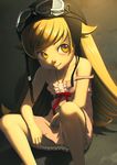  alkemanubis bakemonogatari bare_shoulders blonde_hair dress flat_chest goggles goggles_on_headwear helmet highres long_hair long_legs monogatari_(series) oshino_shinobu sitting smile solo strap_slip yellow_eyes 