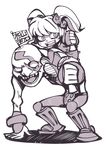  1girl albino bags_under_eyes bald chibi couple effie height_difference hetero hounori monochrome necro_(street_fighter) no_pupils sitting_on_shoulder street_fighter street_fighter_iii_(series) tattoo thumbs_down twintails 