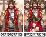  6+boys bare_shoulders beard belt breasts cleavage clone commentary exaxuxer facial_hair gag gagged gangplank hat large_breasts league_of_legends lips long_hair multiple_boys mustache pirate pirate_hat red_hair sarah_fortune sweatdrop you_gonna_get_raped 