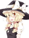  blonde_hair blush bow chata_maru_(irori_sabou) hair_ribbon hat hat_bow highres kirisame_marisa orange_eyes ribbon solo touhou white_bow witch_hat 