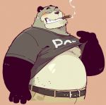  2018 anthro belly black_nose blush canine clothed clothing garouzuki humanoid_hands male mammal open_shirt overweight overweight_male pants simple_background smoking solo tanuki 