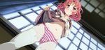  3: blush bow bow_panties from_below g_yuusuke game_cg hand_on_own_chest highres indoors long_sleeves navel panties pink_eyes pink_hair pink_panties short_hair skirt skirt_lift solo soushuu_senshinkan_gakuen_hachimyoujin striped striped_panties tatsunobe_ayumi thighhighs underwear white_legwear window 