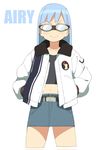  1girl accho_(macchonburike) airy_(accho) blue_hair blush character_name denim_skirt english gloves goggles jacket long_hair original skirt smirk solo standing white_background 