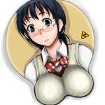  black_hair blue_eyes bow bowtie breast_mousepad coppelion glasses grey-framed_eyewear lowres mousepad nomura_taeko radiation_symbol school_uniform solo striped striped_bow striped_neckwear supopo_(pi4v2000) sweater_vest 