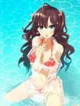  aqua_eyes bad_id bad_pixiv_id bikini breasts brown_hair cleavage ichinose_shiki idolmaster idolmaster_cinderella_girls long_hair looking_at_viewer medium_breasts misumi_(macaroni) navel partially_submerged polka_dot polka_dot_bikini polka_dot_swimsuit see-through sitting solo swimsuit two_side_up wariza wet wet_clothes 