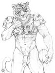 american_football anthro balls blotch devlin_miski erection feline greyscale holding kyell_gold looking_at_viewer male mammal monochrome out_of_position penis plain_background sheath solo standing tiger urethra white_background 