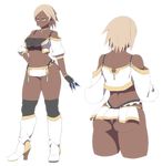  1girl accho_(macchonburike) ass bare_shoulders black_legwear blonde_hair boots breasts character_request character_sheet cleavage dark_skin earrings eyebrows from_behind gloves jewelry large_breasts loincloth multiple_views navel necklace panties pixiv_fantasia pixiv_fantasia_fallen_kings short_hair slit_pupils solo standing thick_thighs thighhighs thighs transparent_background underwear weapon white_panties yellow_eyes 