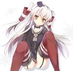  amatsukaze_(kantai_collection) bangs brown_eyes dress garter_straps grey_neckwear hair_ornament kaniya_shiku kantai_collection long_hair long_sleeves looking_at_viewer neckerchief no_panties red_legwear sailor_dress short_dress silver_hair simple_background solo thighhighs two_side_up white_background 
