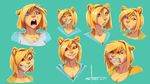 &lt;3 angry anthro blonde_hair breasts buckteeth chest_tuft cleavage clenched_teeth clothed clothing confused cute expressions female fur hair mammal maybell model_sheet portrait red_eyes rodent shocked smile solo squirrel stoopix teeth tuft 