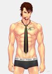  black_briefs briefs brown_eyes brown_hair chocolate facial_hair food_in_mouth highres kaburagi_t_kotetsu male_focus muscle necktie smile solo stubble tattoo tiger_&amp;_bunny underwear yoshida_shiro 