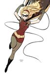  1girl batman_(series) belt blonde_hair cape dc_comics domino_mask hairband mask robin_(dc) solo stephanie_brown takara 