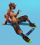  anthro black_nose blue_background breasts brown_hair canine clothing crowbar dog female green_eyes hair hat looking_at_viewer mammal michelle nipples panties plain_background pose shorts sitting solo stoopix tomboy topless underwear undressing 