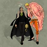  2boys amputee blonde_hair cigar donquixote_doflamingo feather feathers jewelry male male_focus marineford multiple_boys one_piece pirate ring shichibukai sir_crocodile smoking sunglasses 