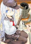  absurdres ayuya_naka_no_hito black_legwear blue_eyes hat hibiki_(kantai_collection) highres kantai_collection long_hair long_sleeves looking_at_viewer neckerchief pantyhose pleated_skirt sanoharu school_uniform serafuku silver_hair sitting skirt solo wariza 