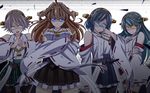  adjusting_eyewear bare_shoulders blue_eyes brown_hair detached_sleeves double_bun glasses glowing glowing_eyes h-new hairband haruna_(kantai_collection) headgear hiei_(kantai_collection) highres japanese_clothes kantai_collection kirishima_(kantai_collection) kongou_(kantai_collection) long_hair multiple_girls nontraditional_miko pantyhose round_eyewear shaded_face short_hair thighhighs yellow_eyes 