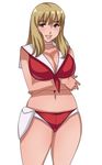  blonde_hair blush boobies_uniform breast_hold breasts brown_eyes choker cleavage collarbone crossed_arms front-tie_top large_breasts lips long_hair looking_at_viewer matoyama midriff navel short_shorts shorts simple_background smile solo space_dandy white_background 