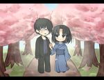  1girl blush chibi closed_eyes couple hetero holding_hands japanese_clothes kara_no_kyoukai kimono kokutou_mikiya letterboxed ohitashi_netsurou ryougi_shiki short_hair smile 