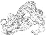  anthro blotch duo eye_contact feline gay greyscale hand_on_chest hindpaw lying male mammal monochrome nude on_back open_mouth pawpads paws plain_background stripes tiger whiskers white_background 