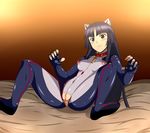  1girl animal_ears anus areolae bed black_eyes black_hair blush breasts cat_ears censored erect_nipples guilty_crown highres legs long_hair looking_away lying nipples pussy simple_background small_breasts solo spec_(artist) spread_legs thighs torn_clothes tsugumi_(guilty_crown) 