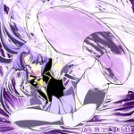  2014 boots brooch cure_fortune dated full_body hair_ornament happinesscharge_precure! heart heart_hair_ornament hikawa_iona jewelry kicking long_hair magical_girl necktie precure purple purple_background purple_eyes purple_hair serious solo thigh_boots thighhighs white_legwear yoshimune 