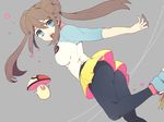  black_legwear blue_eyes brown_hair double_bun eigo_oru foongus from_below gen_5_pokemon long_hair looking_at_viewer mei_(pokemon) open_mouth pantyhose pokemon pokemon_(creature) pokemon_(game) pokemon_bw2 pokemon_special raglan_sleeves shorts solo_focus twintails whi-two_(pokemon) 