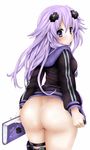  adult_neptune ass bangs blush book bottomless cowboy_shot d-pad d-pad_hair_ornament hair_ornament highres holding hood hooded_track_jacket hoodie jacket long_hair long_sleeves looking_at_viewer looking_back naked_hoodie naked_track_jacket neptune_(series) no_panties no_pants non-web_source purple_eyes purple_hair shin_jigen_game_neptune_vii simple_background smile solo thigh_strap tilapiacanth track_jacket white_background 