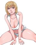 blonde_hair blue_eyes breast_squeeze breasts cleavage collarbone crop_top large_breasts leaning_forward lips matoyama midriff navel original parted_lips short_hair short_shorts shorts simple_background sitting solo spread_legs thick_thighs thighs white white_background 