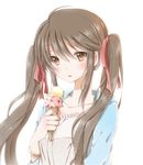  bad_id bad_pixiv_id bangle bangs blue_jacket blush bracelet brown_hair collarbone eyebrows_visible_through_hair food hair_between_eyes hair_ribbon hand_up hiro_(hirohiro31) holding holding_food ice_cream ice_cream_cone jacket jewelry lace_trim long_hair looking_at_viewer open_clothes open_jacket original red_ribbon ribbon sidelocks simple_background solo twintails upper_body white_background 