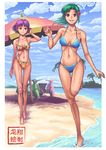  barefoot beach beach_umbrella bikini breasts cloud cloudy_sky contrapposto day flower green_hair ground_vehicle hair_flower hair_ornament hatsuseno_alpha hibiscus long_hair motor_vehicle multiple_girls navel ocean outdoors purple_eyes purple_hair running ryu_shou scooter short_hair side-tie_bikini sky slender small_breasts standing swimsuit takatsu_kokone thigh_gap umbrella vespa yokohama_kaidashi_kikou 