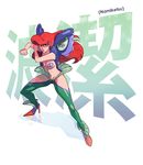  algosky ariel_(disney) blue_eyes boots breasts cleavage commentary high_heel_boots high_heels highres humanization kamui_(kill_la_kill) kill_la_kill long_hair medium_breasts navel parody pasties red_hair revealing_clothes solo the_little_mermaid thigh_boots thighhighs 