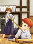  2boys :d barefoot black_hair blue_hakama brown_hair emiya_kiritsugu emiya_shirou fate/stay_night fate/zero fate_(series) fujimura_taiga hakama japanese_clothes kendo kimono md5_mismatch multiple_boys no_eyes open_mouth ponytail red_hair shaded_face shinai smile sword urako v-shaped_eyebrows weapon younger 