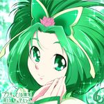  akimoto_komachi butterfly_hair_ornament cure_mint face flower green_background green_eyes green_hair hair_flower hair_ornament hands_together long_hair magical_girl pink_flower pink_rose precure rose smile solo sparkle yes!_precure_5 yoshimune 