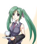  blush cosplay cup detached_sleeves earrings green_hair hatsune_miku hatsuseno_alpha jewelry long_hair namesake necktie purple_eyes saucer smile solo tattoo vest vocaloid yokohama_kaidashi_kikou yukky_snow 