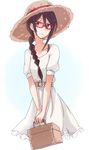  basket belt braid brown_eyes brown_hair dress glasses hat holding long_hair red-framed_eyewear shiroshi_(denpa_eshidan) solo straw_hat sun_hat white_dress 