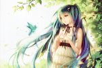  absurdres alternate_costume bare_shoulders bird blue_hair dress fingers_together green_eyes hatsune_miku highres long_hair nature neck_ribbon parted_lips ribbon scan smile solo strapless strapless_dress tidsean twintails vocaloid white_background white_dress 