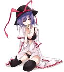  black_bra black_legwear black_panties bra breasts cleavage hat highres lace lace-trimmed_bra looking_at_viewer medium_breasts nagae_iku no_pants panties purple_hair red_eyes shiroshi_(denpa_eshidan) shirt_slip short_hair simple_background sitting solo thighhighs touhou underwear white_background 