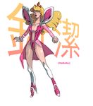  algosky aurora_(disney) blush_stickers boots breasts center_opening cleavage closed_eyes commentary crown high_heel_boots high_heels kamui_(kill_la_kill) kill_la_kill knee_boots long_hair medium_breasts navel parody showgirl_skirt sleeping_beauty solo 